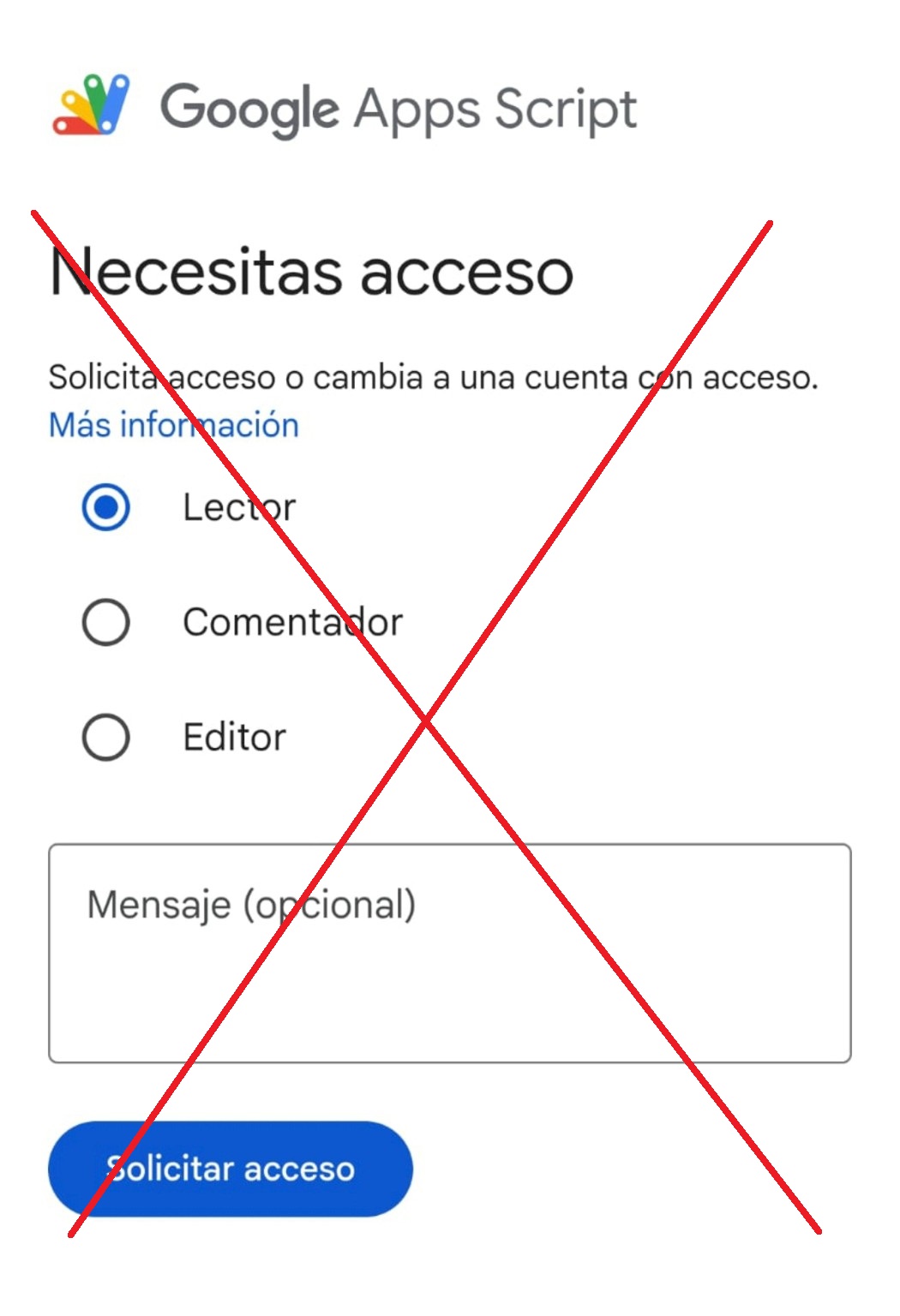 Pantalla incorrecta con opciones Lector, Comentador y Editor