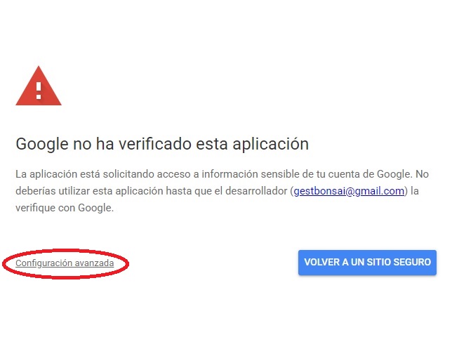 Pantalla de Google indicando que no ha verificado esta aplicación